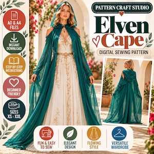 Può includere: Un cartamodello digitale per un mantello elfico, caratterizzato da una cappa con cappuccio trasparente, lunga fino a terra, color verde ottanio scuro con maniche scoperte. La grafica include il testo Pattern Craft Studio, Elven Cape.