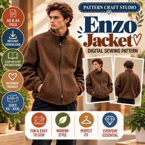 Peut inclure: Un patron de couture numérique pour la veste Enzo, présentant une veste en polaire marron avec un col montant, une fermeture éclair intégrale et deux poches avant. Le graphique inclut du texte, des icônes pour fichiers A0 et A4, téléchargement immédiat, instructions étape par étape et tailles XS à XXXL.