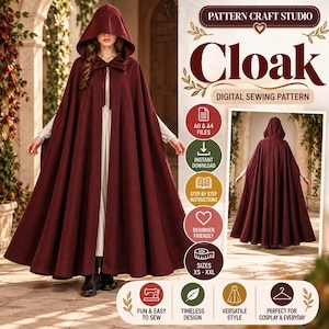 Op de afbeelding: Een digitaal naaipatroon voor een kamerlange, diep bordeauxrode mantel met capuchon. De afbeelding bevat de tekst Pattern Craft Studio, Cloak, Digital Sewing Pattern, A0 & A4 Files, Instant Download, Step by Step Instructions en Sizes XS-XXL.