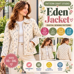 Op de afbeelding: Een digitaal naaipatroon voor de Eden Jacket van Pattern Craft Studio. De jas is crèmekleurig met een blauwe bloemenprint, voorzien van een kraag, ritssluiting en twee zakken. Het patroon bevat de maten XS tot 3XL, A0 en A4 bestanden.