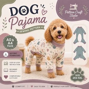 May include: A sewing pattern for dog pyjamas featuring a light-coloured fabric with a repeating pattern of rainbows, stars, and hearts. The design includes a mock neck and ribbed cuffs in a muted mauve colour. The graphic displays text including DOG Pajama, Pattern Craft Studio, A0 & A4 FILES, and size range 2XS-5XL.