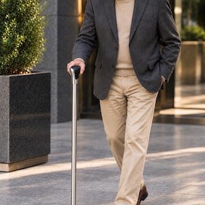 Könnte beinhalten: Ein silberner Gehstock aus Metall mit einem schwarzen ergonomischen Griff und einer schwarzen Gummispitze. Der Stock verfügt über einen glatten, zylindrischen Schaft und einen konturierten Griff zur Unterstützung, aufrecht stehend.