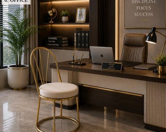 Cadeira de escritório luxuosa com estrutura de metal dourado, cadeira moderna com detalhes em veludo para escritório em casa ou penteadeira.