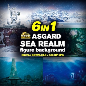May include: A digital download featuring a 6 in 1 Asgard Sea Realm figure background collection. The image displays six distinct scenes including a snowy mountain landscape, a stone gate, a dark tree, and underwater ruins with a trident emblem.