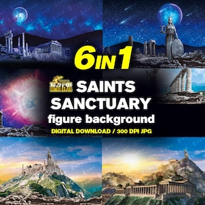 Puede incluir: Una descarga digital con seis fondos JPG de 300 DPI para figuras, titulada 6 IN 1 SAINTS SANCTUARY figure background. Las imágenes muestran diversas ruinas de templos griegos, estatuas, cielos estrellados y paisajes montañosos.