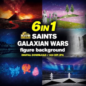 以下が含まれることがあります： 300 DPI JPG形式の6 in 1 Saints Galaxian Warsフィギュア用背景画像デジタルダウンロード。コラージュには、火山の噴火、野原の彫像、滝、ボクシングリングなど、さまざまなシーンが表示されています。