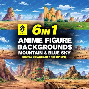 Puede incluir: Una colección de seis fondos digitales para figuras de anime con paisajes montañosos y cielos azules. El texto 6 IN 1 ANIME FIGURE BACKGROUNDS MOUNTAIN & BLUE SKY DIGITAL DOWNLOAD / 300 DPI JPG aparece sobre las diversas imágenes escénicas.