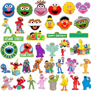 May include: A collection of Sesame Street character stickers featuring Elmo, Cookie Monster, Big Bird, Bert, Ernie, Oscar the Grouch, Abby Cadabby, and Count von Count. The set includes various poses, birthday-themed graphics, and street signs.