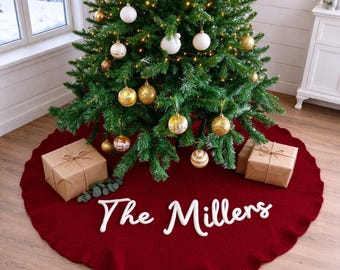 Personalized Christmas Tree Skirt, Custom Family Name Knit Tree Skirt, Red or White, 36 or 48 inch, Christmas Keepsake, Housewarming Gift