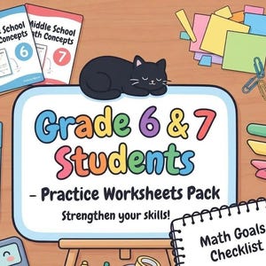 May include: A Grade 6 & 7 Students Practice Worksheets Pack with a black cat illustration on a white board. Includes a calculator, colorful pens, sticky notes, paper clips, washi tape, erasers, and a spiral-bound Math Goals Checklist notebook.