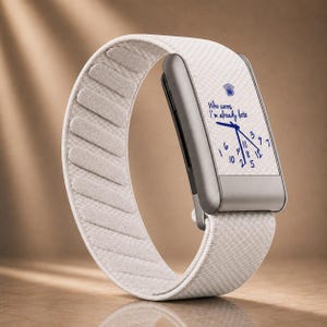 May include: A digital watch with a rectangular metallic gray frame and a textured white fabric strap. The watch face displays the text "Who cares I'm already late" in blue script, with blue clock hands and scattered blue numbers from 1 to 12.