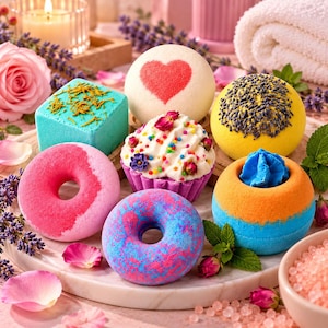 May include: A collection of bath bombs in various shapes including a cube, a sphere with a red heart, a yellow sphere with lavender, a cupcake shape with sprinkles, two donut shapes, and a round bomb with a blue center, all on a tray.