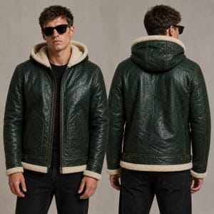Genuine Leather Faux Shearling Jacket Mens Green Leather Hooded Jacket Sherpa Coat Aviator Bomber Jacket Casual Winter Jacket Hoodie Gift