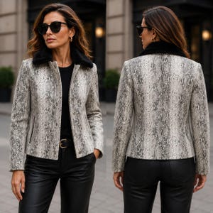Women's Genuine Leather Jacket Black Snakeskin Print Jacket Faux Fur Collar Exotic Fashion Python Print Streetwear Jacket Handmade Gift