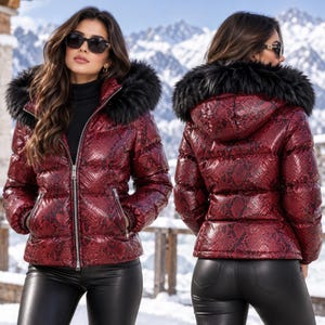 Burgundy Snakeskin Print Leather Puffer Jacket With Black Faux Fur Hood Women's Winter Jacket Python Pattern Padded Coat Statement Jacket