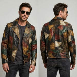 Men's Vintage Patchwork Leather Biker Jacket Handmade Distressed Multi Color Moto Jacket Retro Geometric Streetwear Rugged Leather Jacket