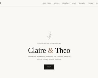 Template minimalista per sito web di matrimoni, design editoriale moderno con linee stilizzate, codice incluso, download digitale.