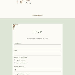 Wedding website schedule item for the evening dancing reception, above an RSVP form with fields for name, email, attendance, guest count, and dietary restrictions, set on a sage green background with a botanical illustration accent