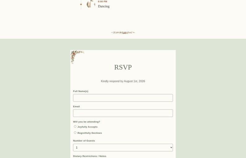 Wedding website schedule item for the evening dancing reception, above an RSVP form with fields for name, email, attendance, guest count, and dietary restrictions, set on a sage green background with a botanical illustration accent