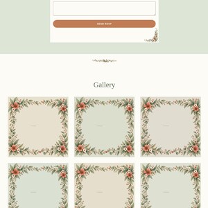 Full-page view of the wedding website RSVP form and photo Gallery section, with six illustrated botanical picture frames of leaves and flowers surrounding each gallery photo placeholder