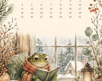 Calendario da parete illustrato 2026, stile cottagecore con rana stravagante, calendario mensile stampabile, download digitale.