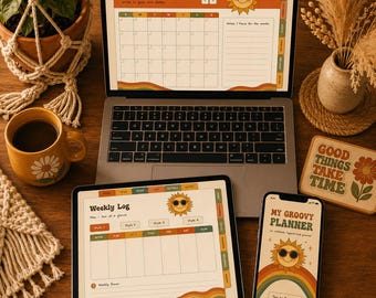 Hiperlinkowany planer cyfrowy, retro, groovy lata 70., niedatowany GoodNotes Notability, interaktywne pobieranie pliku PDF