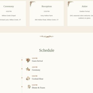 Wedding website Details cards for Ceremony, Reception, and Attire with time, venue, and address information, and a Schedule timeline below with small illustrated icons for guest arrival, ceremony, cocktail hour, and dinner & toasts