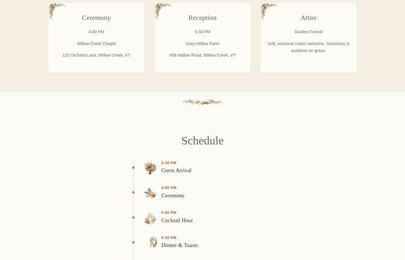 Wedding website Details cards for Ceremony, Reception, and Attire with time, venue, and address information, and a Schedule timeline below with small illustrated icons for guest arrival, ceremony, cocktail hour, and dinner & toasts