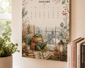 Calendario da parete illustrato 2027, stile cottagecore con rana stravagante, calendario mensile stampabile, download digitale.