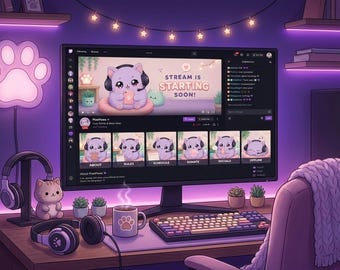 Panele Twitch Kawaii Cat: Przytulny fioletowy zestaw nakładek na streamera (do pobrania cyfrowego)