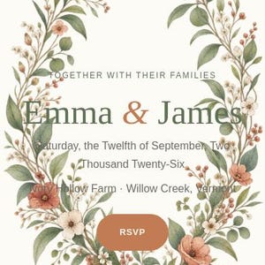 Mobile phone view of the cottagecore wedding website hero page, showing the responsive layout with the illustrated botanical wreath, couple's names "Emma & James," wedding date and venue, and RSVP button