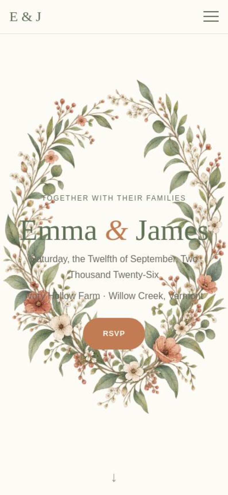 Mobile phone view of the cottagecore wedding website hero page, showing the responsive layout with the illustrated botanical wreath, couple's names "Emma & James," wedding date and venue, and RSVP button