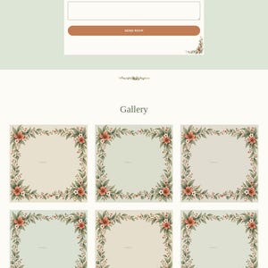 Wedding website RSVP form with a terracotta "send RSVP" button, and a Gallery section below showing six photo placeholders framed in illustrated botanical borders of leaves and flowers