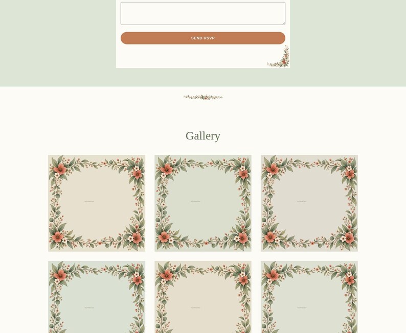 Wedding website RSVP form with a terracotta "send RSVP" button, and a Gallery section below showing six photo placeholders framed in illustrated botanical borders of leaves and flowers