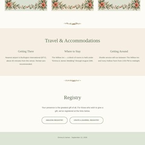 Wedding website Travel & Accommodations section with getting-there, where-to-stay, and getting-around details, plus a Registry section with links to Amazon and Crate & Barrel, framed by an illustrated botanical floral divider