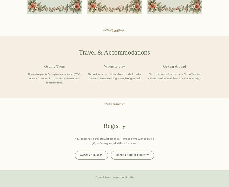 Wedding website Travel & Accommodations section with getting-there, where-to-stay, and getting-around details, plus a Registry section with links to Amazon and Crate & Barrel, framed by an illustrated botanical floral divider