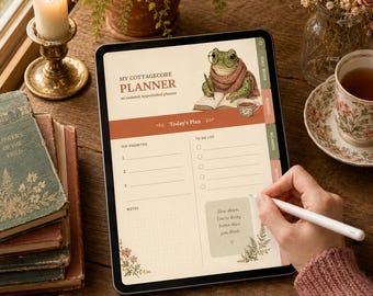 Cyfrowy planer z hiperlinkami, fantazyjna żaba Cottagecore, niedatowane notatki GoodNotes, interaktywne pobieranie pliku PDF