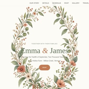 Cottagecore wedding website hero page with a hand-illustrated botanical wreath of sage green leaves and terracotta flowers framing the couple's names "Emma & James," above an RSVP button and site navigation menu