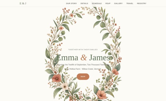 Illustrated Wedding Website Template, Cottagecore Botanical Design, Code Included HTML CSS, Digital Download