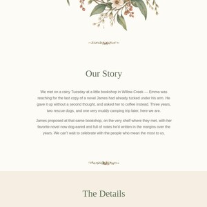 Wedding website "Our Story" section with the couple's narrative text, a hand-illustrated botanical branch of leaves and berries at the top, and the start of "The Details" section below