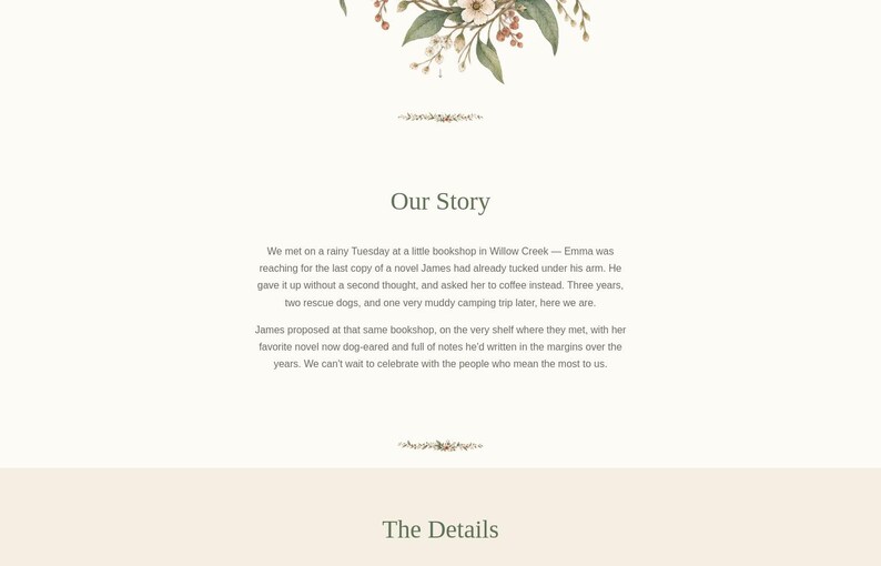 Wedding website "Our Story" section with the couple's narrative text, a hand-illustrated botanical branch of leaves and berries at the top, and the start of "The Details" section below