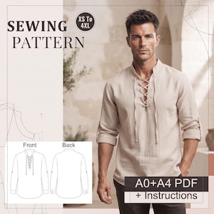 Peut inclure: Un patron de couture pour une chemise beige à manches longues avec une patte de boutonnage à lacets et un col officier. Le modèle inclut des croquis techniques, des tailles du XS au 4XL, et est fourni en format PDF A0 et A4 avec instructions.