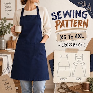 Könnte beinhalten: Eine marineblaue Schürze mit zwei Vordertaschen und einem überkreuzten Rückendesign. Das Bild enthält den Text SEWING PATTERN, XS To 4XL und CROSS BACK sowie eine technische Strichzeichnung, die Vorder- und Rückansicht der Schürze zeigt.