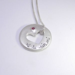 Ni tu sin mi, ni yo sin ti Open Heart with Ruby and Sterling Engraved Necklace