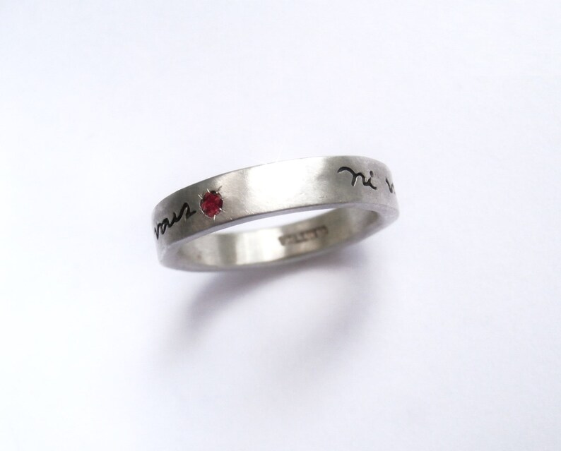 Thin Ni Vous Sans Moi French Poetry Ring Sterling Silver with Ruby