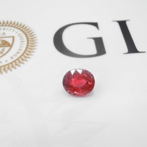May include: A close-up of a red oval gemstone with a slight pink hue. The gemstone is on a white surface with the text "GIA" in black letters.