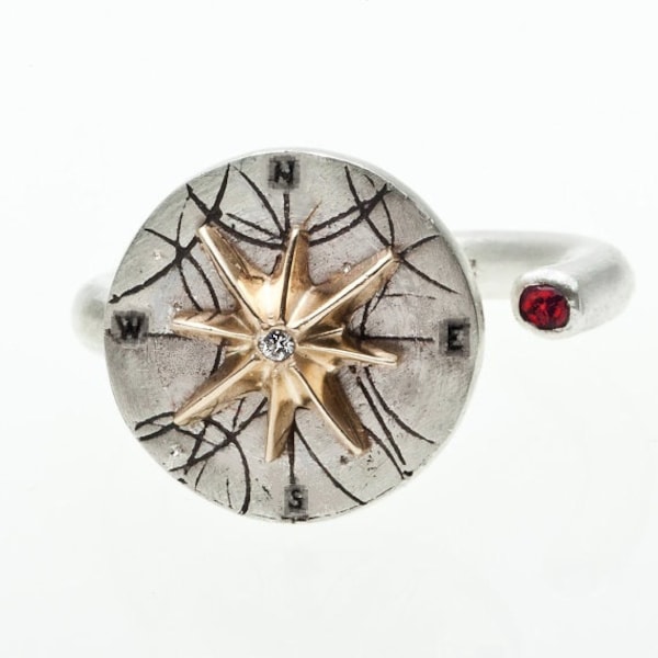 Mini Compass Ring in Sterling Silver with 10K Gold center and a Diamond