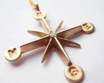 Compass Wind rose 14K yellow Gold Diamond Necklace