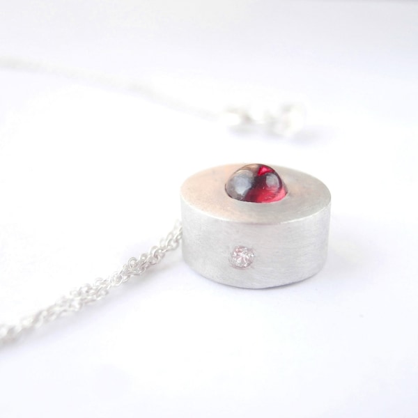 Bauhaus Necklace, 4 mm Garnet and Diamond Silver Necklace