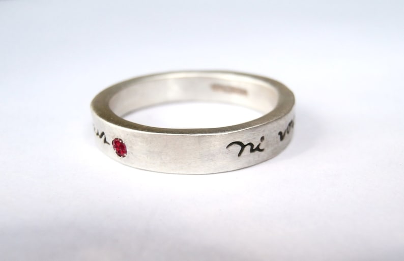 Thin Ni Vous Sans Moi French Poetry Ring Sterling Silver with Ruby